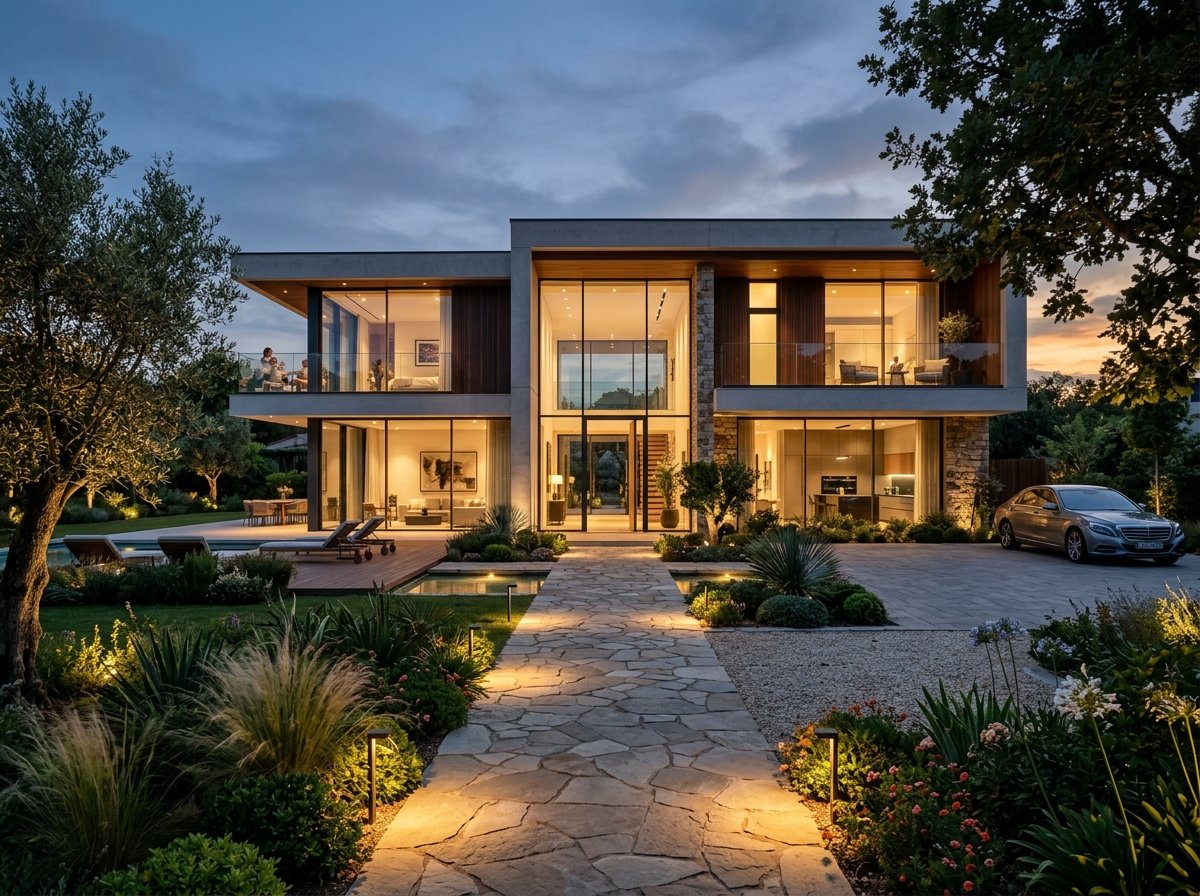 Modern Luxury Villa Exterior at Dusk